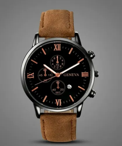 Relógio C/ Calendário Cromado Black Geneva Couro Camurça Marrom Quartzo Luxo À prova Dágua