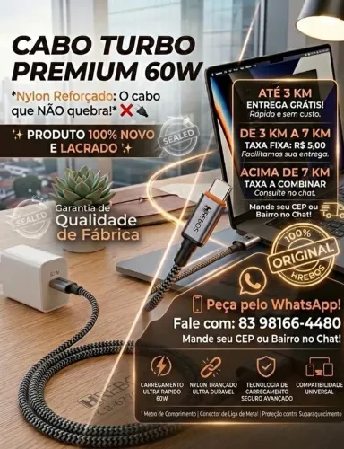 Cabo Tipo C Hrebos 60W Turbo Premium - Novo E Lacrado