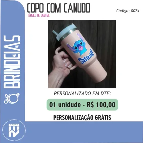 Copo com canudo térmico de 1200ml personalização em dtf - Brindes Personalizados Brindeias