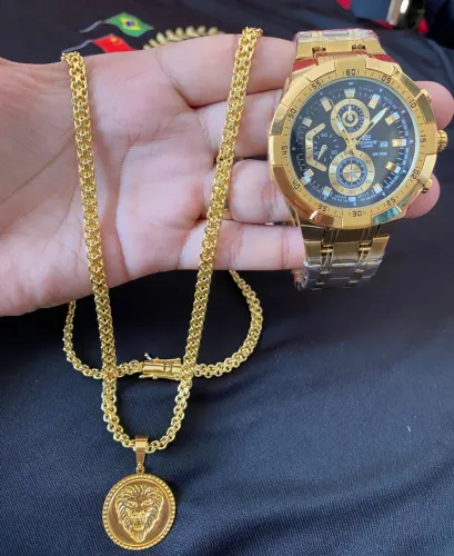 Relógio masculino mais cordão banhado a ouro feito com moeda antiga