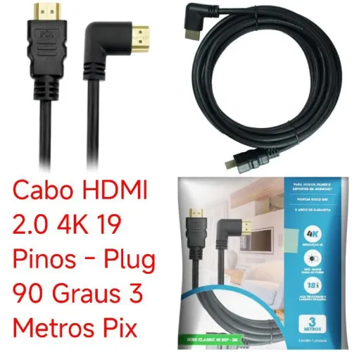 Cabo HDMI 2.0 4K 3 Metros 90 Graus