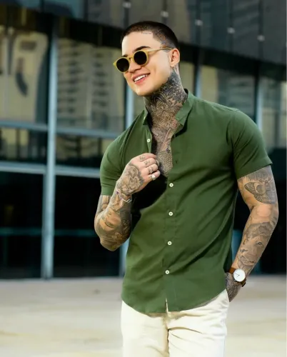 Camisa Verde Masculina Manga Curta