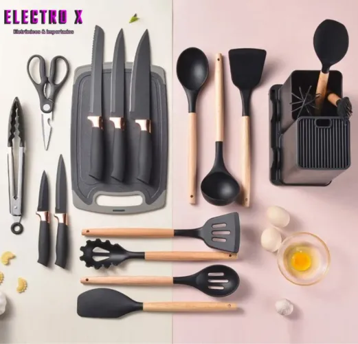 Jogo de Cozinha Silicone, com Cabo de Madeira 19 peças