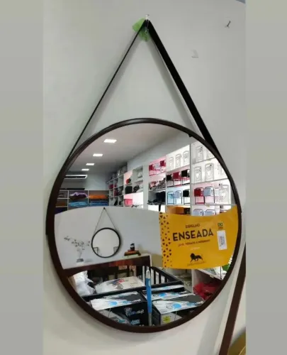 Espelho Redondo com Alça Couro - 60 cm