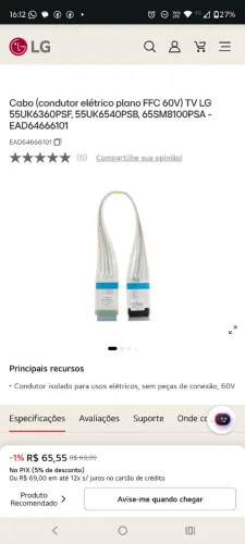 Cabo (condutor elétrico plano FFC 60V) TV LG- EAD6466101