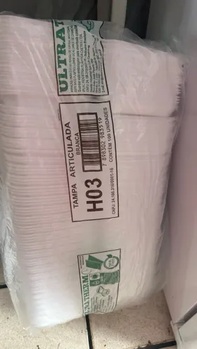 embalagens de isopor com tampa articulada e papel acoplado para hambúrguer