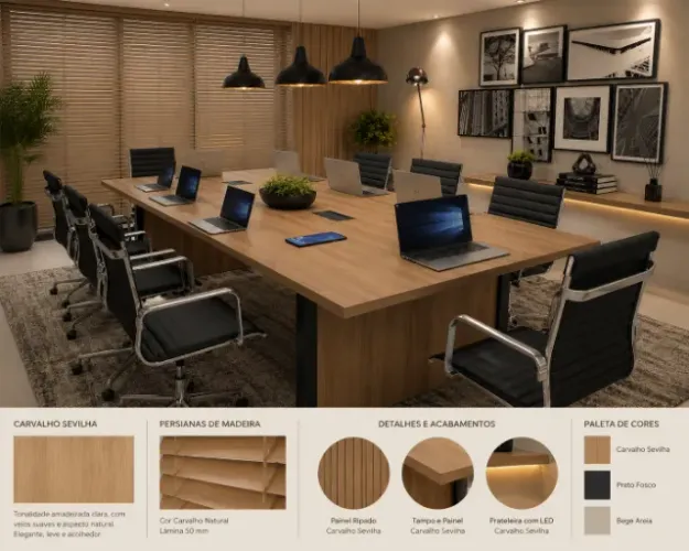 Mesa de Reunião Delluxe Wood: 8 Tomadas: L220cm x L100cm x A74cm.