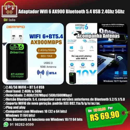 Adaptador Wifi 6 AX900 Bluetooth 5.4 USB 2.4Ghz 5Ghz