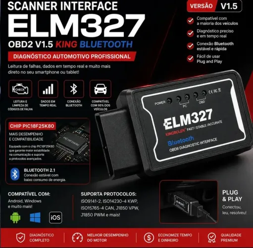 Scanner ELM 327 Kingbolen V1.5 Chip PIC18F25K80 Bluetooth Android - Leituras Perfeita$