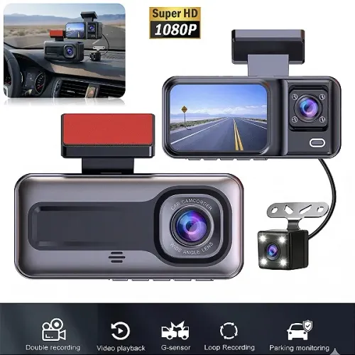 Câmera Veicular 3 em 1 Full HD Frente, Interna e Ré com Tela 2" - Kapbom 
