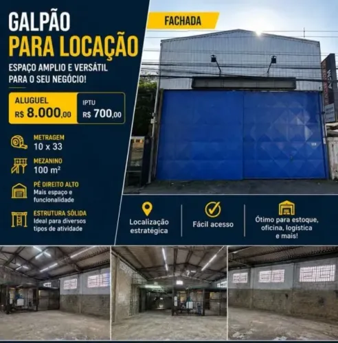 Galpão com 330 m² + Mezanino de 100 m² Aluguel: R$ 8.000,00 + IPTU: R$ 700,00