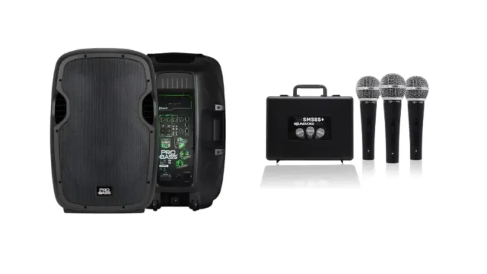 Kit Sonorização Completo com 3 Microfones Soundvoice SM58S + Caixa Ativa Pro Bass Elevate