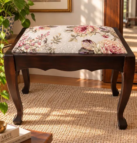 Banqueta Vintage Anos 50 em Madeira Nobre - Estofado Novo