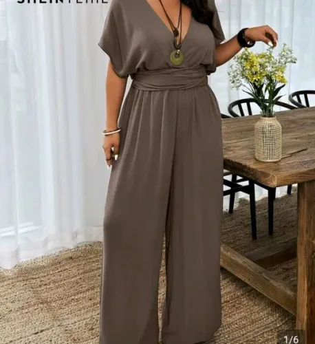 i Macacão de Verão Tamanho Plus Size Cores Sólidas com Decote V e Cintura