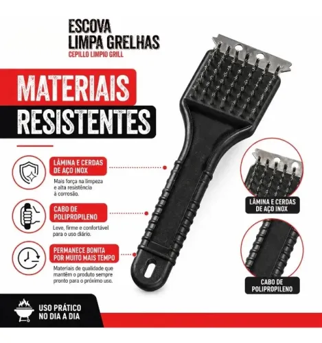Escova De Aço Inox Para Limpar Grelha Churrasqueira Com Lâmina Raspadora