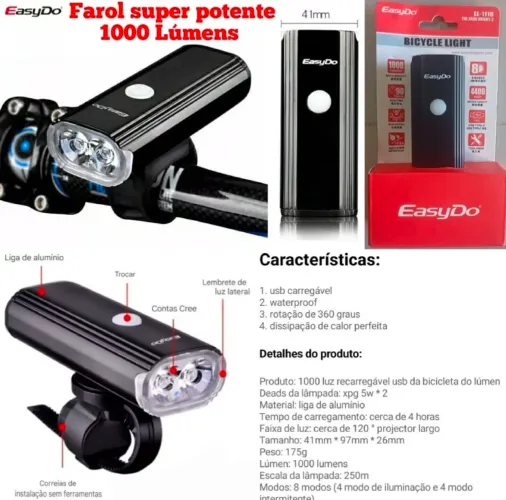 Farol de Led Easydo Batéria 4400mah,1000 lumens