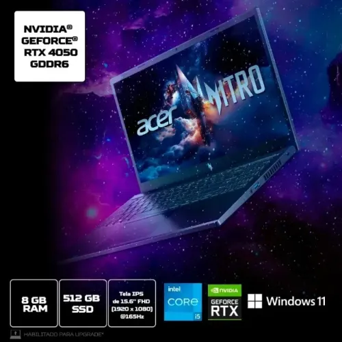 Notebook Gamer Acer Nitro V15 com Intel Core i5-13420H, 8GB RAM e RTX 4050 de 6GB, SSD 512