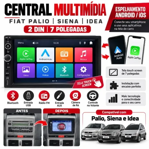 Central Multimídia Fiat Pálio Siena Idea Espelhamento Android/Ios Bluetooth, Usb + Moldura