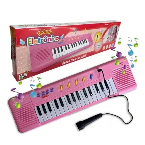 Teclado Musical Infantil com Microfone Karaokê 32 Teclas Rosa