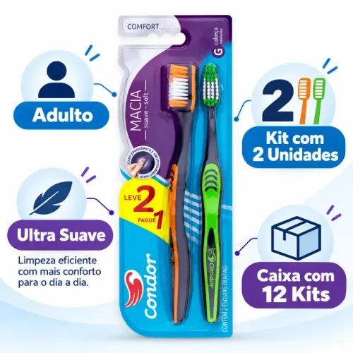 ESCOVA DENTAL CONDOR COMFORT ULTRA SUAVE - CAIXA FECHADA COM 12 KITS (24 ESCOVAS)
