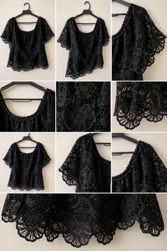 Blusa Renda Guipir Preta Floral