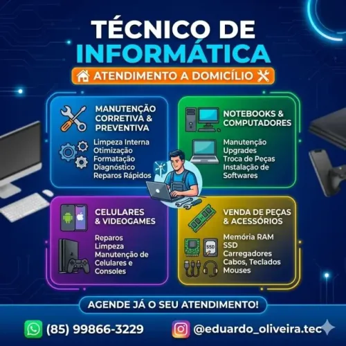 Técnico de Informática a Domicílio - Conserto de PC, Notebook, Celular e Games
