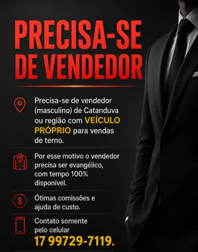 Vaga para vendedores, vendas de ternos no varejo (com veiculo próprio)