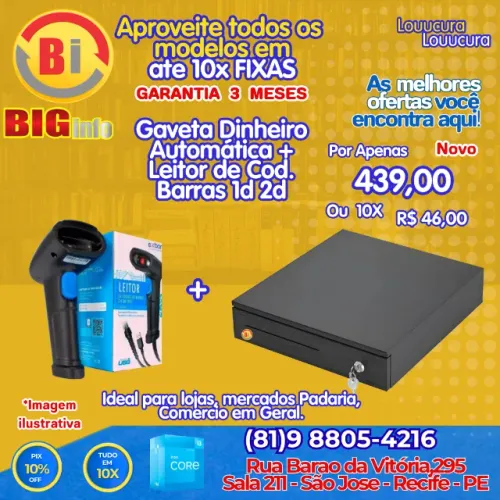 Gaveta De Dinheiro Caixa Automática + Leitor de Cod Barras 1D 2D Qr Code - Em ate 10x