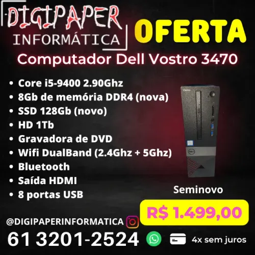 Computador Dell Core i5 9a ger., 8Gb memória DDR4, SSD + HD, Wifi 5G - 6x sem juros!