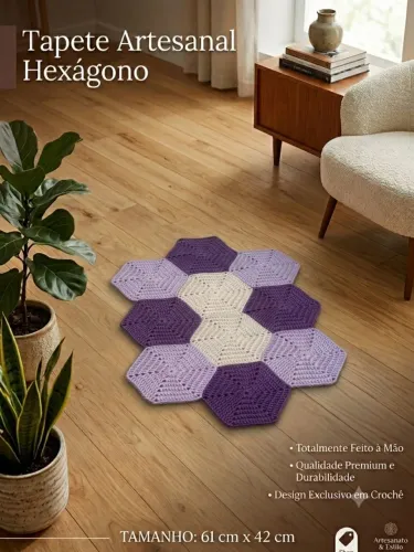 Tapete de crochê hexagono tamanho 61x42