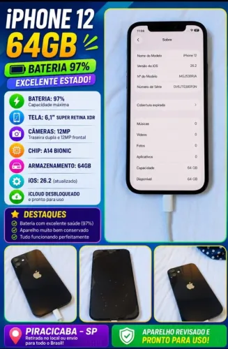?iPhone 12 64GB em Excelente Estado + Bateria 97% (Pouco Usado)