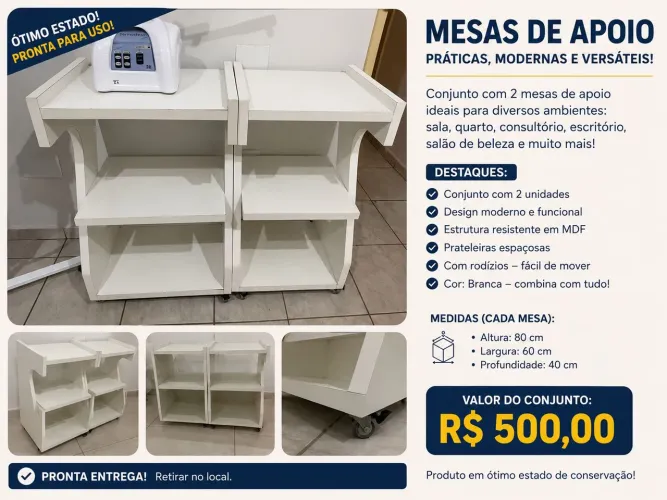 Mesas de Apoio em MDF com Rodízios - Conjunto com 2 Unidades 