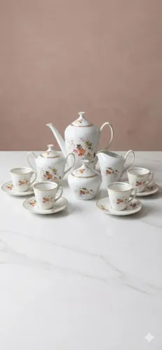 Aparelho De Chá E Café Antigo Em Porcelana Fina Com Fios De Ouro