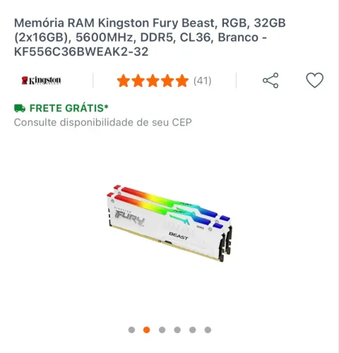 Memória RAM Kingston Fury Beast, RGB, 32GB (2x16GB), 5600MHz, DDR5, CL36, Branco