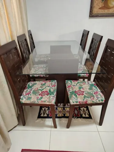 Jogo de Mesa de Jantar com Tampo de Vidro + 6 Cadeiras de Madeira