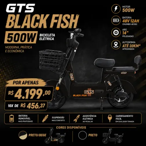 Moto Elétrica GTS Black Fish 500W 48V 12Ah Aro 14