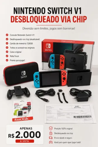 Nintendo Switch V1 desbloqueado via chip Completo