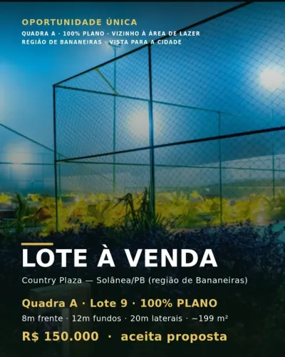 Lote PLANO Quadra A - Country Plaza - região de Bananeiras, junto ao lazer