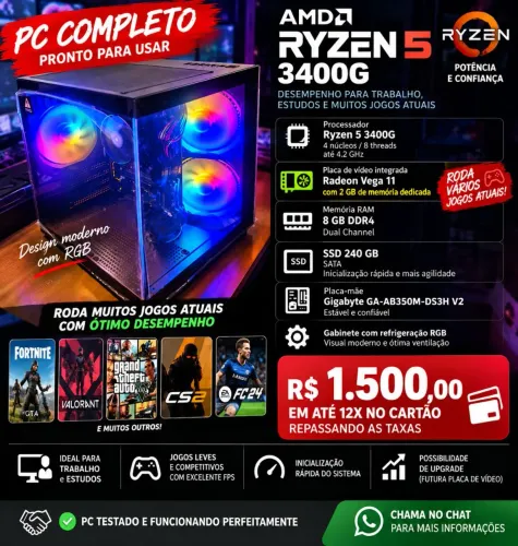 Gabinete PC gamer AMD Ryzen 5 3400g ,8gb de ram SSD 240