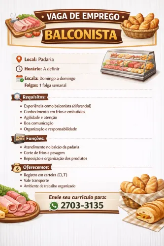 VAGA DE EMPREGO - PADARIA ZONA LESTE - VILA INDUSTRIAL