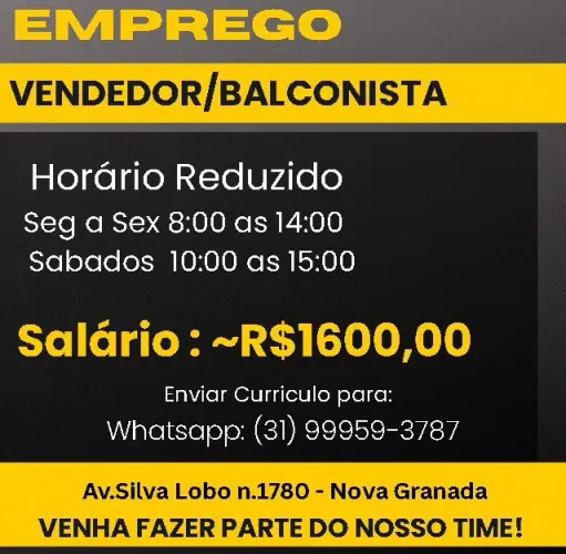 Vendedor/Balconista HORÁRIO REDUZIDO