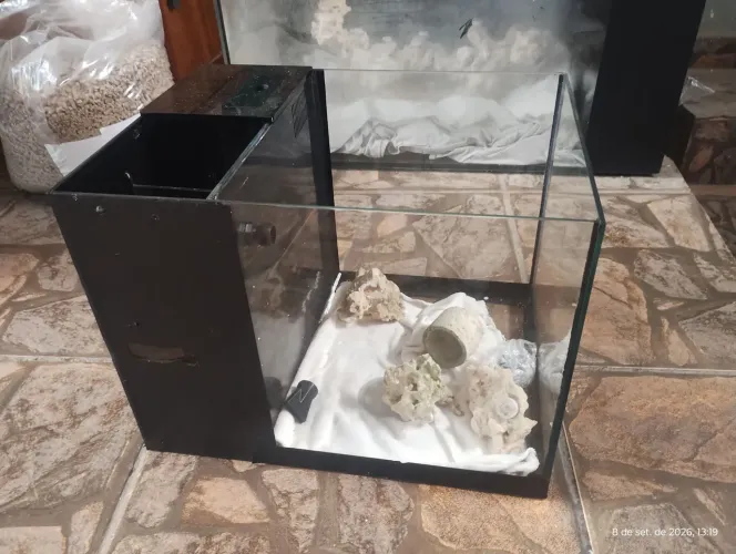 Aquário 40x30x30 com sistema de filtragem para água doce ou salada.