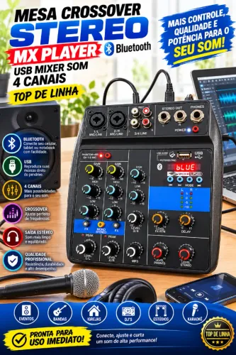 Mesa Crossover Stereo Mx Player Bluetooth Usb Mixer Som 4canais - TOP DE LINHA