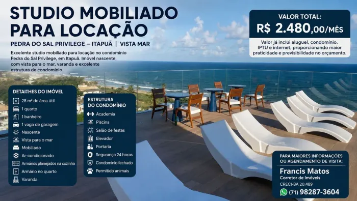 STUDIO MOBILIADO PARA LOCAÇÃO | PEDRA DO SAL PRIVILEGE - ITAPUÃ | VISTA MAR