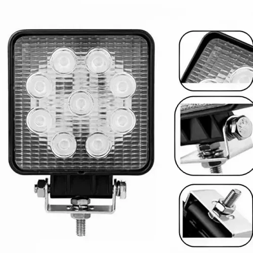 Farol De Milha Auxiliar 9 Leds 27w 10v/30v Quadrado Fino 6000k para carro e moto