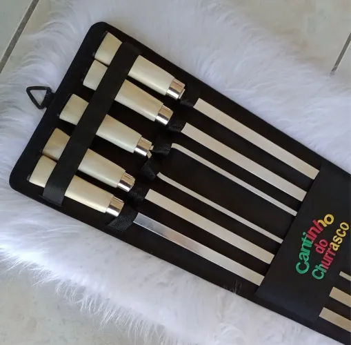 Kit com 5 espetos alumínio 70cm - cabo de osso