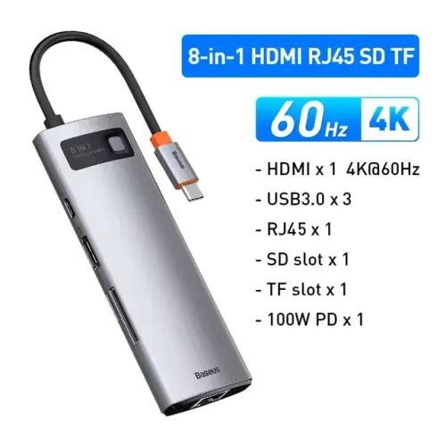 [Lacrado] Hub Baseus 8 em 1 3x Usb + Hdmi + Ethernet + SD TF + PD 100W