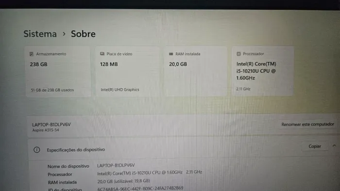 Notebook Acer Aspire A515-54/ i5 10ª Gen / 20GB RAM / SSD 256GB / Tela IPS