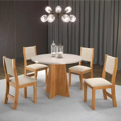 Mesa de Jantar Flipp Redonda 90cm Off White 4Cd Linho Bronze Viero - Entrega Rápida!