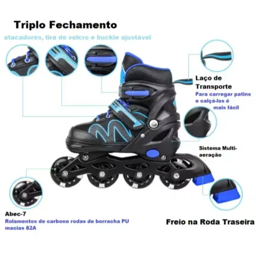 Patins Roller Regulável Inline 4 Rodas com LED